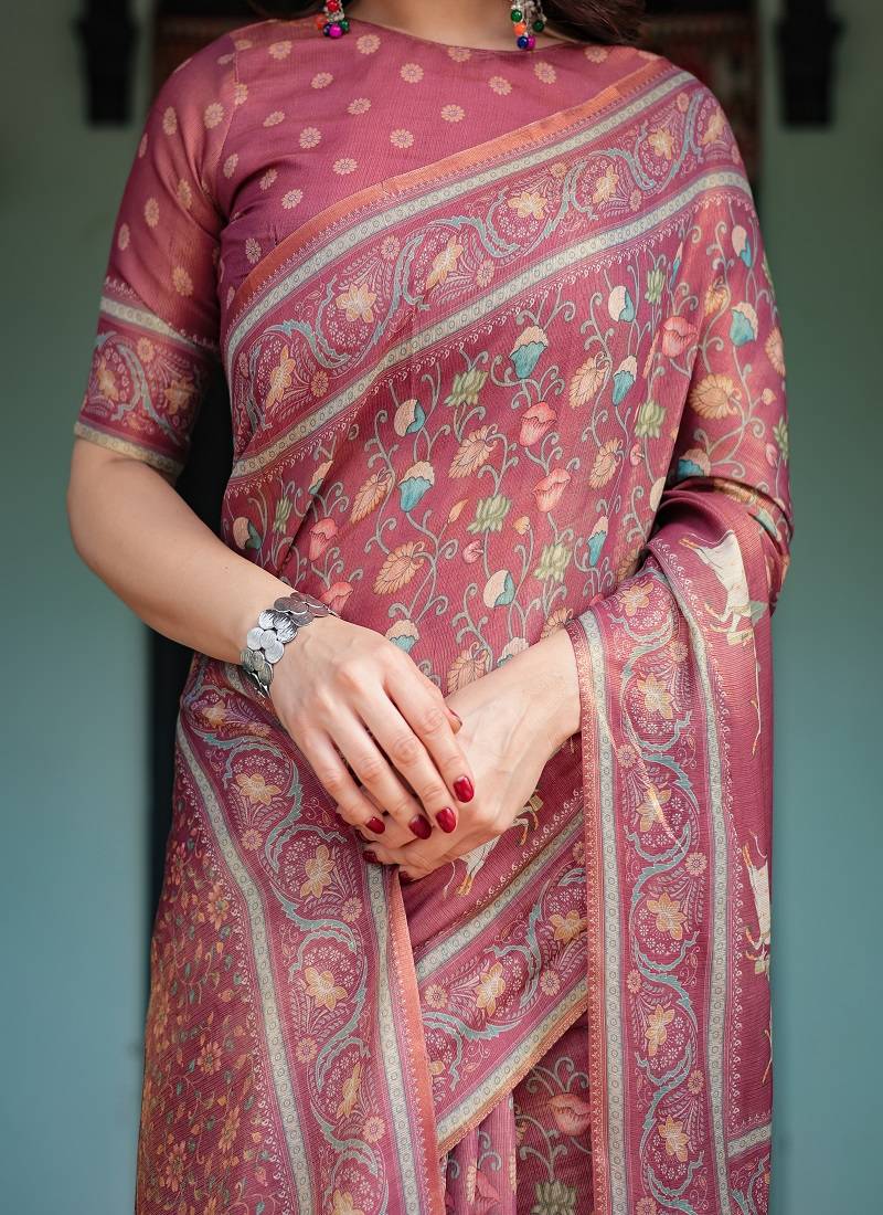 Dusty rose with floral motifs linen cotton handloom printed saree, pastoral scene pallu, and tassels