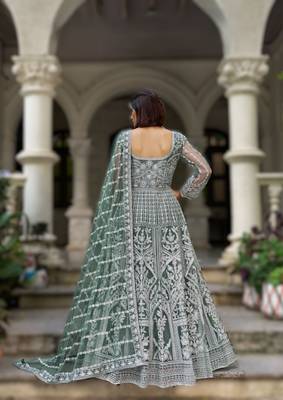 Greeen pure butterfly net heavy embroidered top with dupatta 2