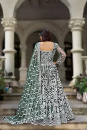 Greeen pure butterfly net heavy embroidered top with dupatta