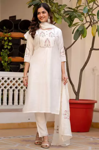 White embroidered viscose mango silk kurta set with dupatta