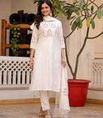 White embroidered viscose mango silk kurta set with dupatta