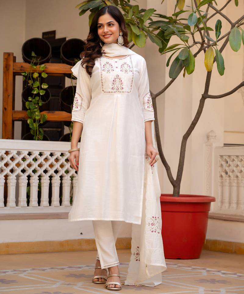 White embroidered viscose mango silk kurta set with dupatta