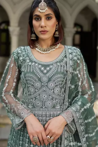 Greeen pure butterfly net heavy embroidered top with dupatta