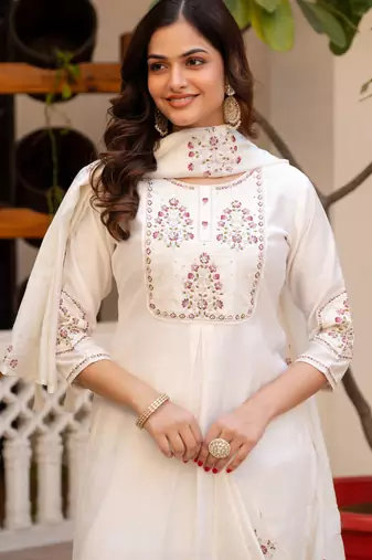 White embroidered viscose mango silk kurta set with dupatta