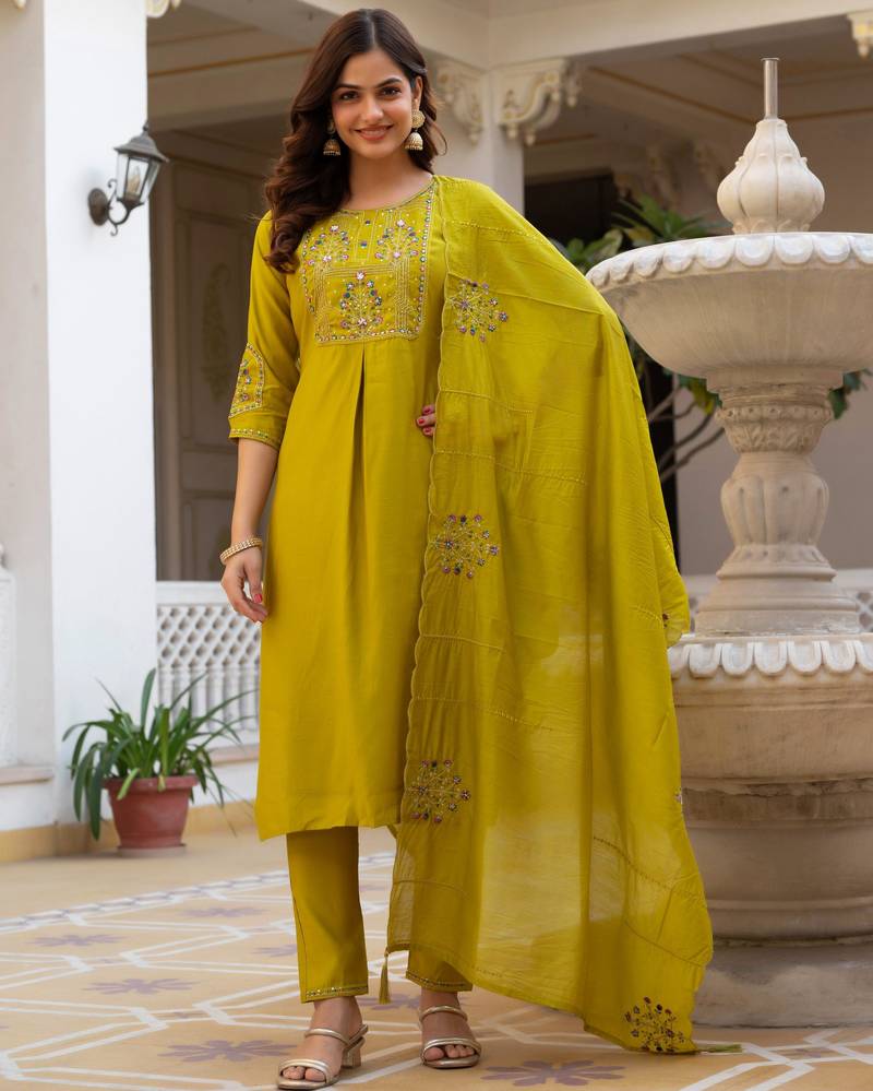 Parrot green embroidered viscose mango silk kurta set with dupatta