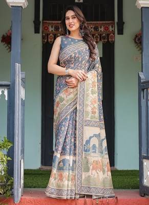 Steel blue with floral patterns linen cotton handloom printed saree, heritage-inspired pallu, and tassels 2
