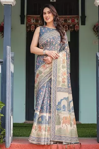 Steel blue with floral patterns linen cotton handloom printed saree, heritage-inspired pallu, and tassels