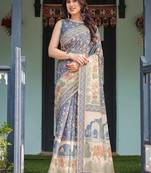 Steel blue with floral patterns linen cotton handloom printed saree, heritage-inspired pallu, and tassels