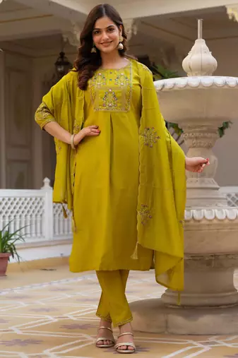 Parrot green embroidered viscose mango silk kurta set with dupatta