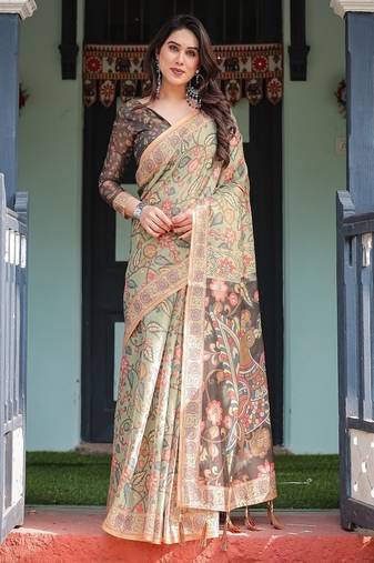 Olive green with bold floral motifs linen cotton handloom printed saree, vibrant peacock pallu, and tassels