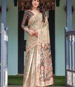 Olive green with bold floral motifs linen cotton handloom printed saree, vibrant peacock pallu, and tassels