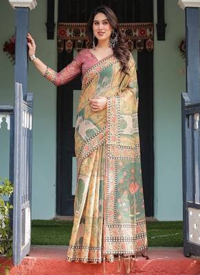 Mustard yellow with floral motifs, linen cotton handloom printed saree architectural pallu, and tassels 2