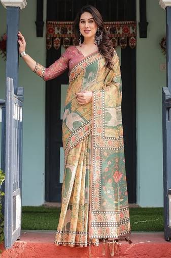 Mustard yellow with floral motifs, linen cotton handloom printed saree architectural pallu, and tassels
