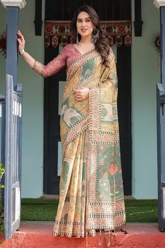 Mustard yellow with floral motifs, linen cotton handloom printed saree architectural pallu, and tassels