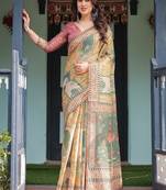 Mustard yellow with floral motifs, linen cotton handloom printed saree architectural pallu, and tassels