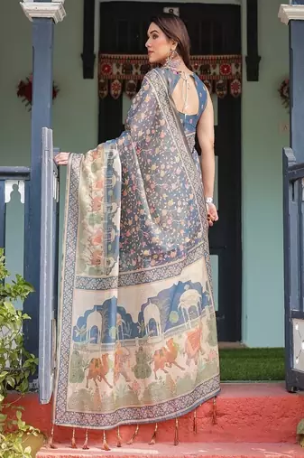 Steel blue with floral patterns linen cotton handloom printed saree, heritage-inspired pallu, and tassels
