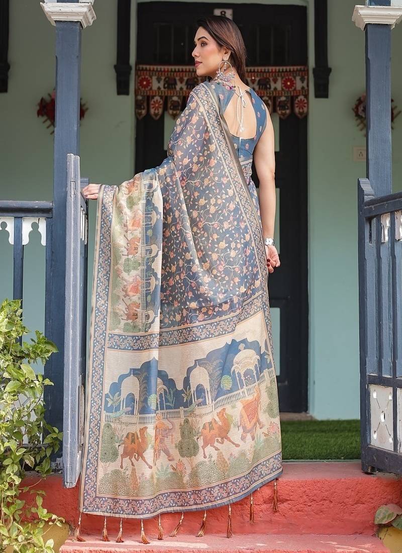 Steel blue with floral patterns linen cotton handloom printed saree, heritage-inspired pallu, and tassels