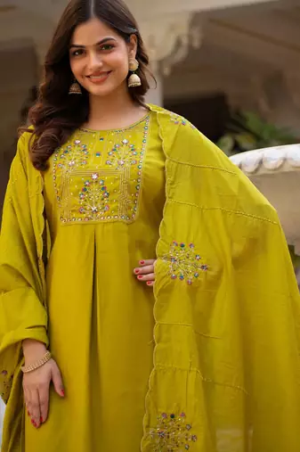Parrot green embroidered viscose mango silk kurta set with dupatta