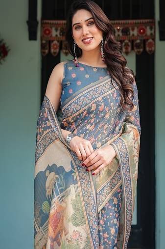 Steel blue with floral patterns linen cotton handloom printed saree, heritage-inspired pallu, and tassels