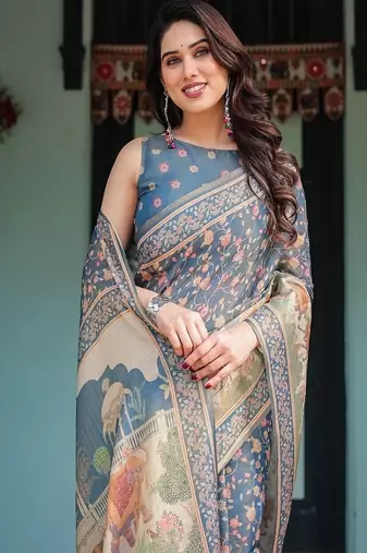 Steel blue with floral patterns linen cotton handloom printed saree, heritage-inspired pallu, and tassels