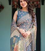 Steel blue with floral patterns linen cotton handloom printed saree, heritage-inspired pallu, and tassels