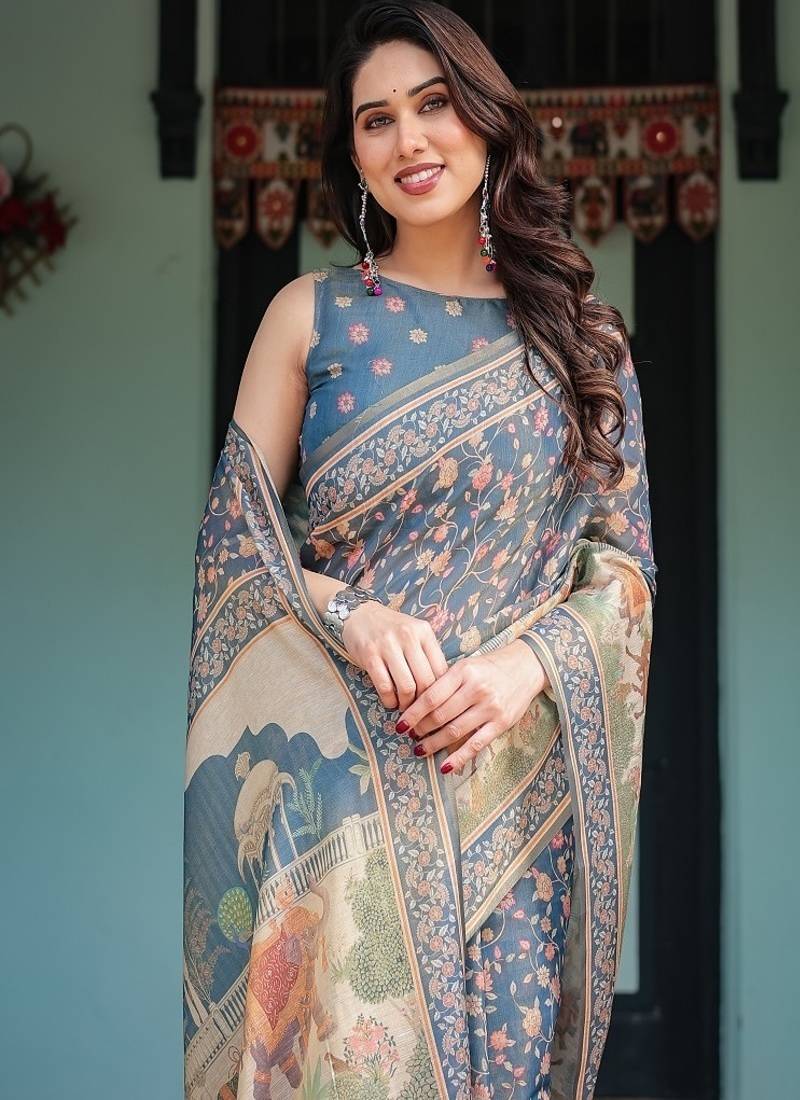 Steel blue with floral patterns linen cotton handloom printed saree, heritage-inspired pallu, and tassels