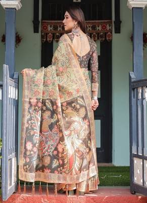 Olive green with bold floral motifs linen cotton handloom printed saree, vibrant peacock pallu, and tassels 3