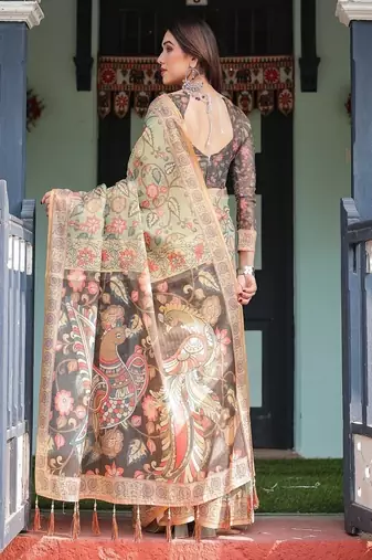 Olive green with bold floral motifs linen cotton handloom printed saree, vibrant peacock pallu, and tassels