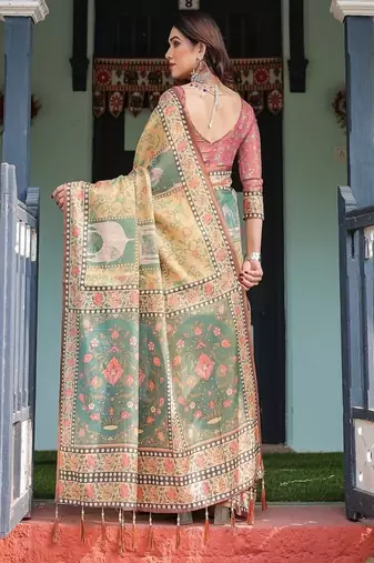 Mustard yellow with floral motifs, linen cotton handloom printed saree architectural pallu, and tassels