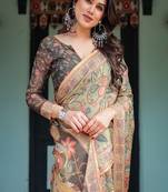 Olive green with bold floral motifs linen cotton handloom printed saree, vibrant peacock pallu, and tassels