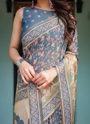 Steel blue with floral patterns linen cotton handloom printed saree, heritage-inspired pallu, and tassels 4