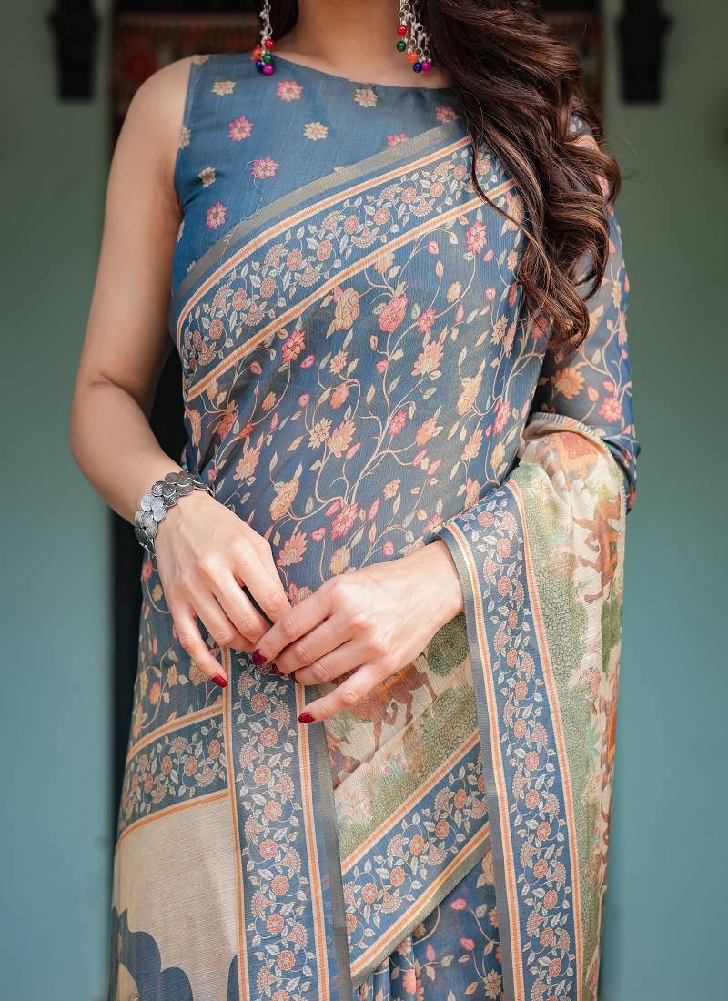 Steel blue with floral patterns linen cotton handloom printed saree, heritage-inspired pallu, and tassels
