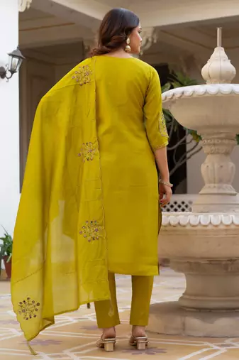 Parrot green embroidered viscose mango silk kurta set with dupatta