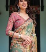 Mustard yellow with floral motifs, linen cotton handloom printed saree architectural pallu, and tassels
