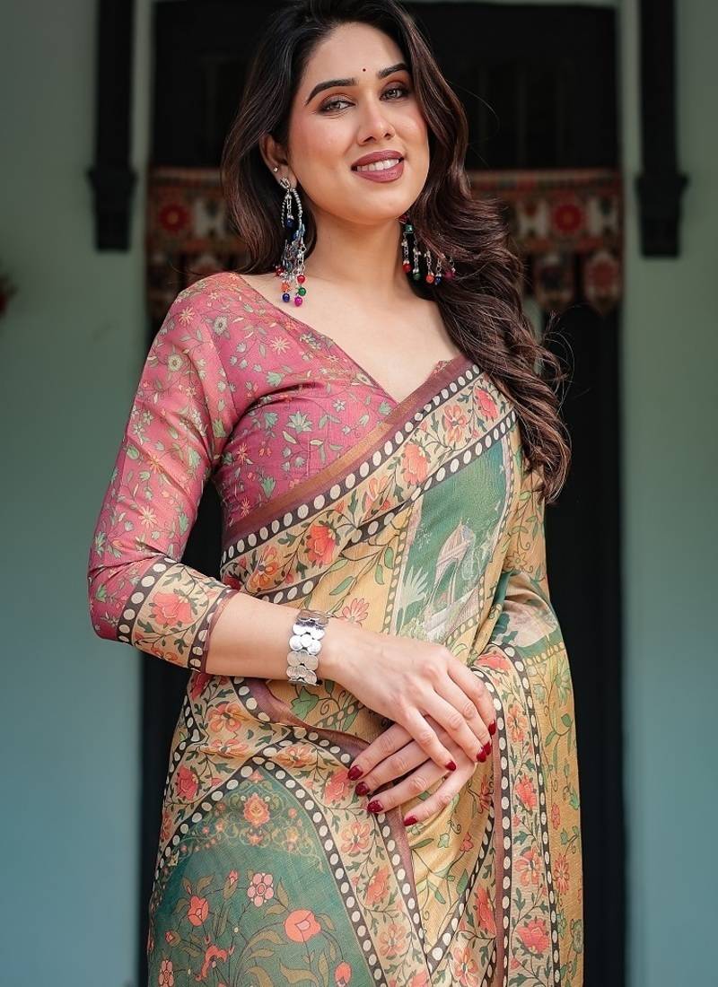 Mustard yellow with floral motifs, linen cotton handloom printed saree architectural pallu, and tassels