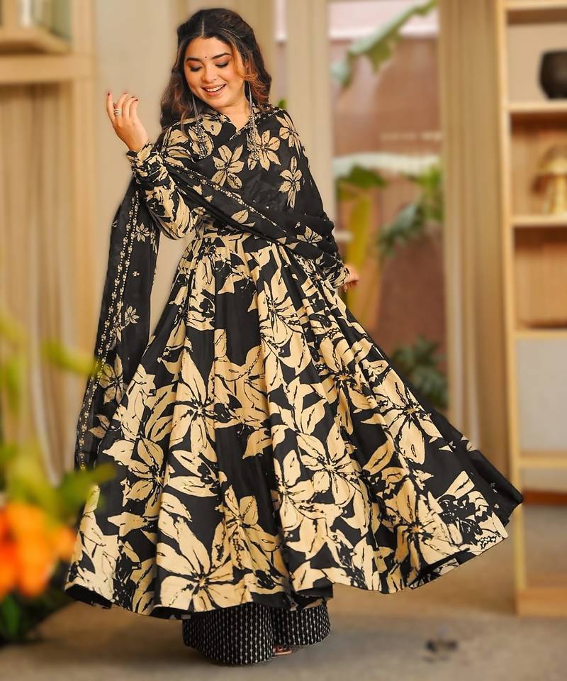 Black maslin heavy digital printed kurta set with dupatta | designer festival & party wear fully stitched suit