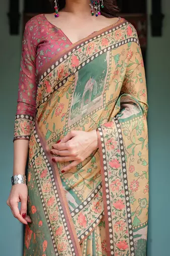 Mustard yellow with floral motifs, linen cotton handloom printed saree architectural pallu, and tassels