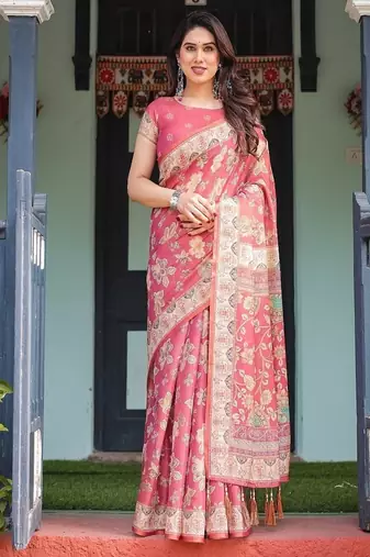 Rosy pink with intricate floral motifs linen cotton handloom printed saree, peacock pallu, and tassels