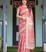 Rosy pink with intricate floral motifs linen cotton handloom printed saree, peacock pallu, and tassels