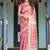 Rosy pink with intricate floral motifs linen cotton handloom printed saree, peacock pallu, and tassels