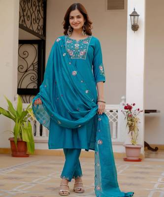 Firozi embroidered viscose mango silk kurta set with dupatta 1