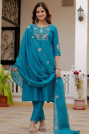 Firozi embroidered viscose mango silk kurta set with dupatta