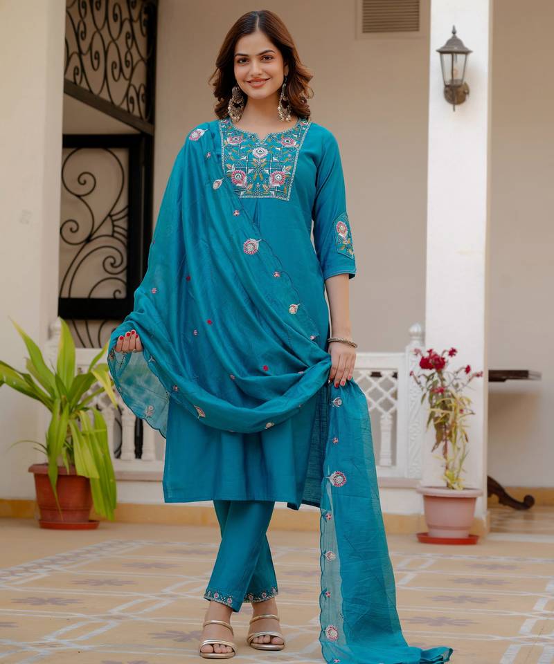 Firozi embroidered viscose mango silk kurta set with dupatta