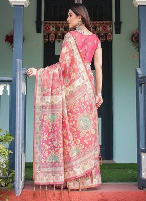 Rosy pink with intricate floral motifs linen cotton handloom printed saree, peacock pallu, and tassels 3
