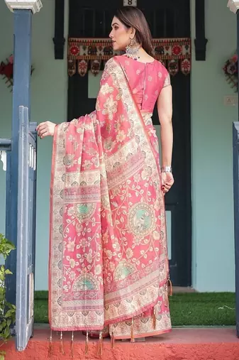 Rosy pink with intricate floral motifs linen cotton handloom printed saree, peacock pallu, and tassels
