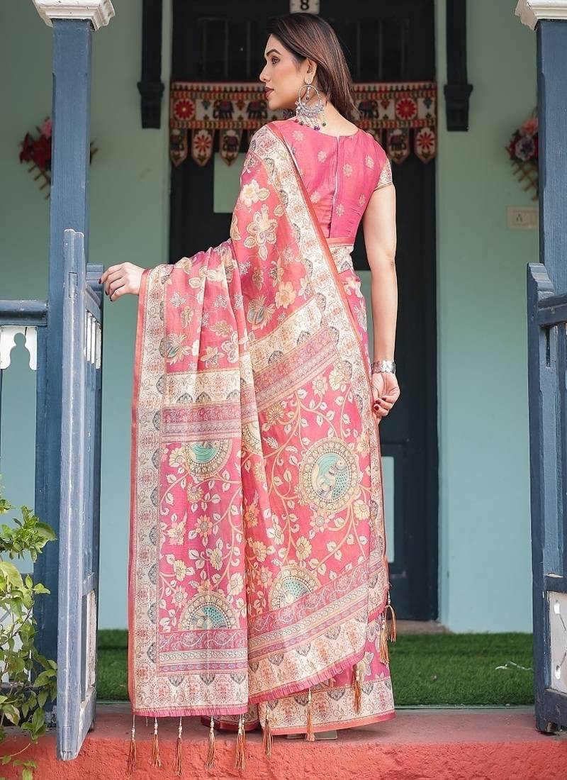 Rosy pink with intricate floral motifs linen cotton handloom printed saree, peacock pallu, and tassels