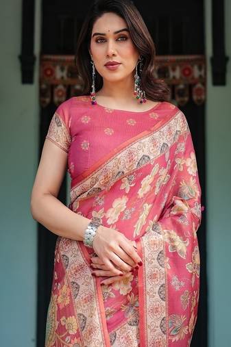 Rosy pink with intricate floral motifs linen cotton handloom printed saree, peacock pallu, and tassels