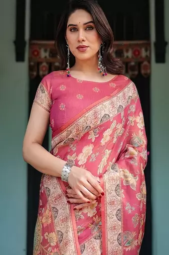 Rosy pink with intricate floral motifs linen cotton handloom printed saree, peacock pallu, and tassels