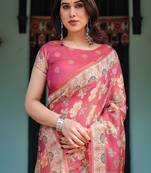 Rosy pink with intricate floral motifs linen cotton handloom printed saree, peacock pallu, and tassels