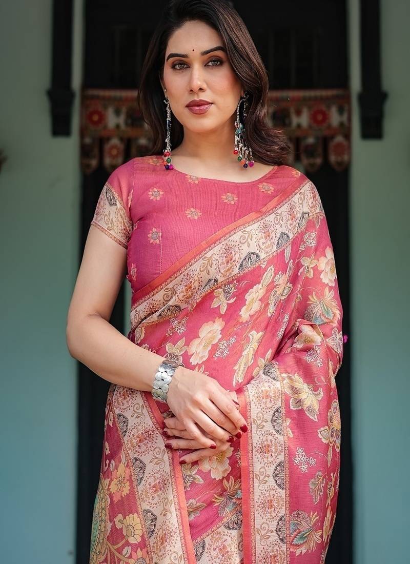 Rosy pink with intricate floral motifs linen cotton handloom printed saree, peacock pallu, and tassels